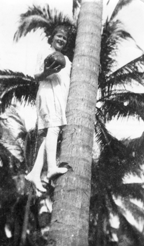 Clara May climbing a coconut tree in the Philippines, around 1921.