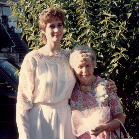 Granddaughter Sue and Clara May at Sue's wedding in 1987.