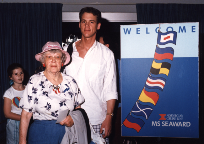 Clara May and grandson Bruce on a mystery cruise in 1989.